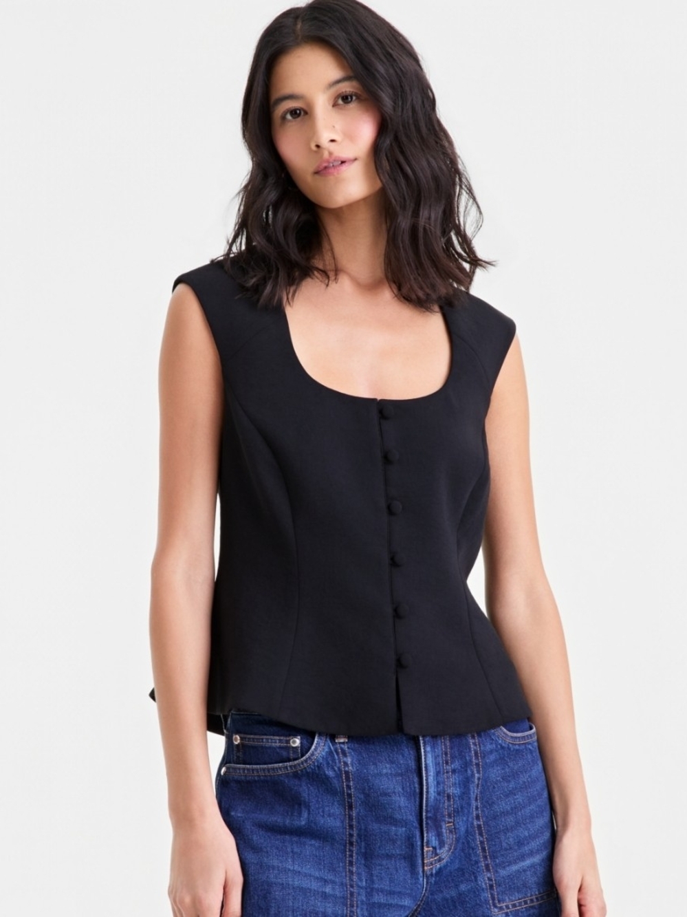 On 34th Minimalist Black Button-Front Scoop Neck Suit Top